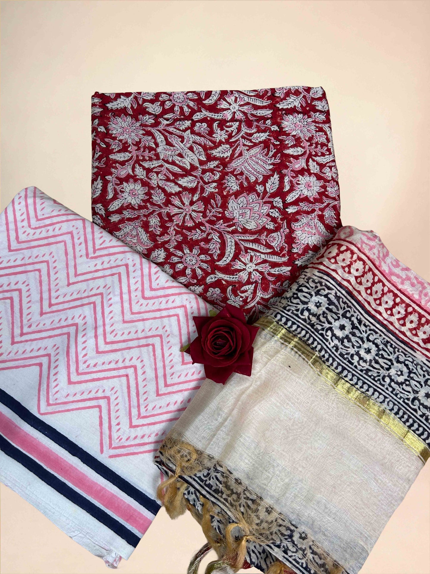 Multicolor Chanderi Handblock Printed Suit Set | Rustic Maroon