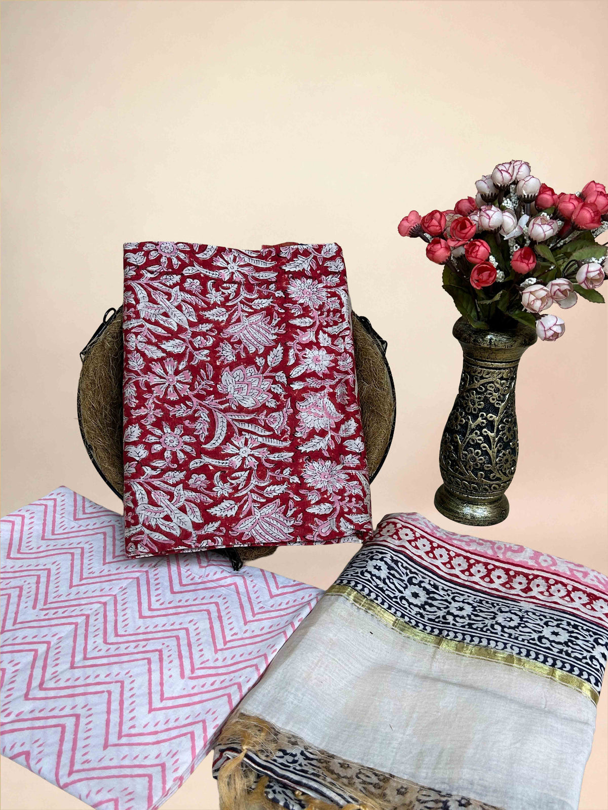 Multicolor Chanderi Handblock Printed Suit Set | Rustic Maroon