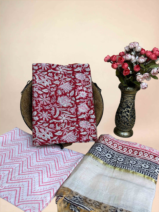 Multicolor Chanderi Handblock Printed Suit Set | Rustic Maroon