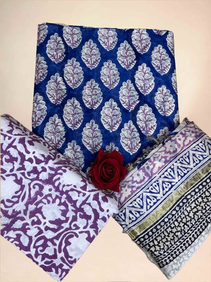Multicolor Chanderi Handblock Printed Suit Set | Navy Blue
