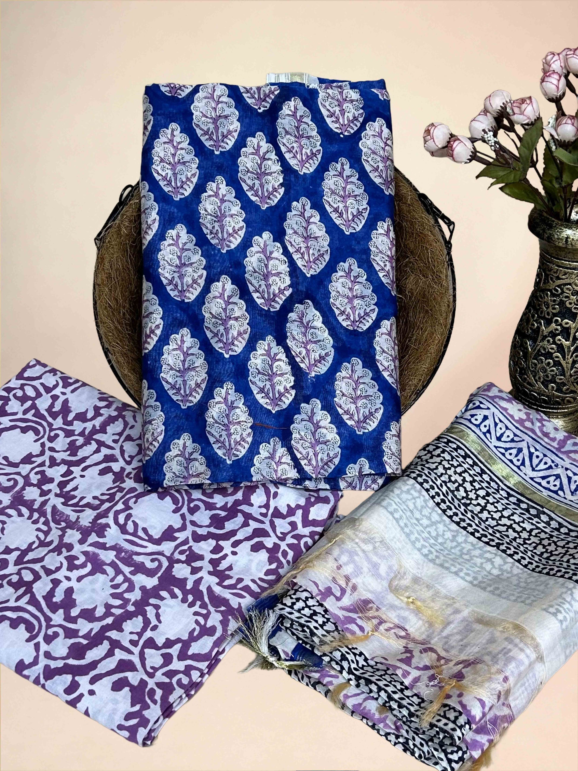 Multicolor Chanderi Handblock Printed Suit Set | Navy Blue