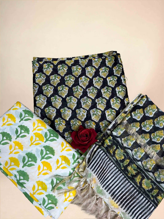 Black Chanderi Handblock Printed Suit Set
