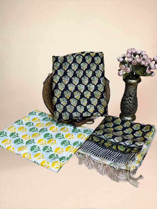 Black Chanderi Handblock Printed Suit Set