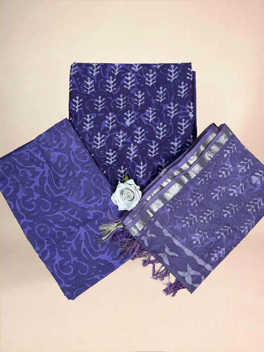 Royal Purple Chanderi Handblock Printed Suit Set