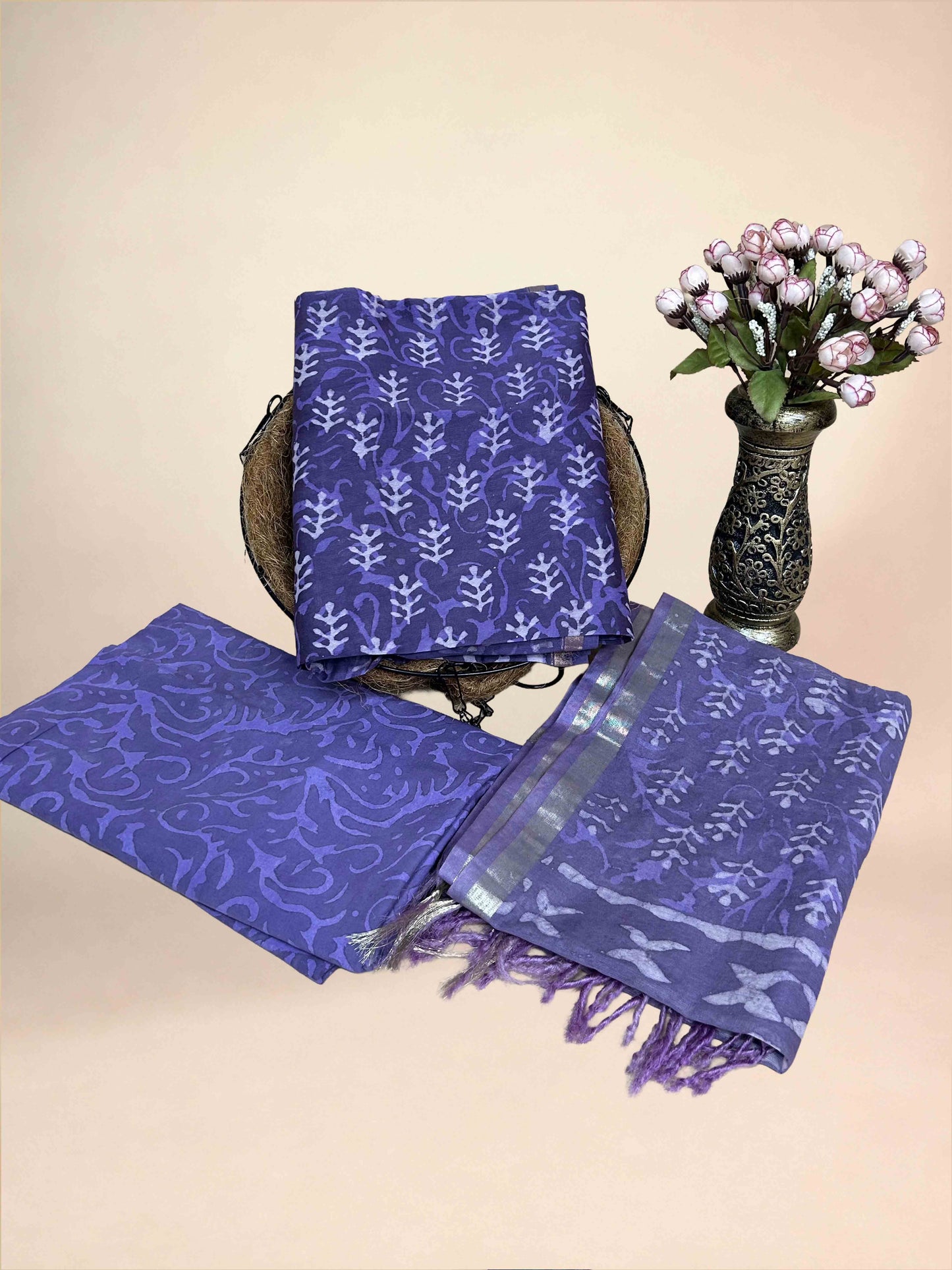 Royal Purple Chanderi Handblock Printed Suit Set