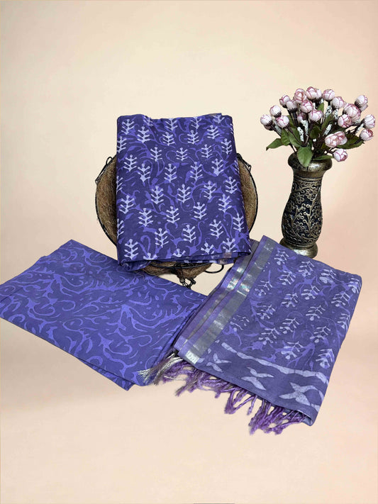 Royal Purple Chanderi Handblock Printed Suit Set