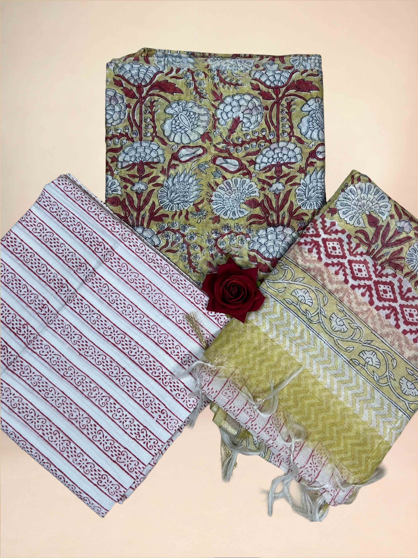 Olive Green Chanderi Handblock Printed Suit Set