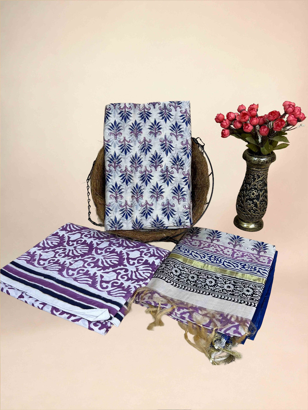 Multicolor Chanderi Handblock Printed Suit Set | Lavender