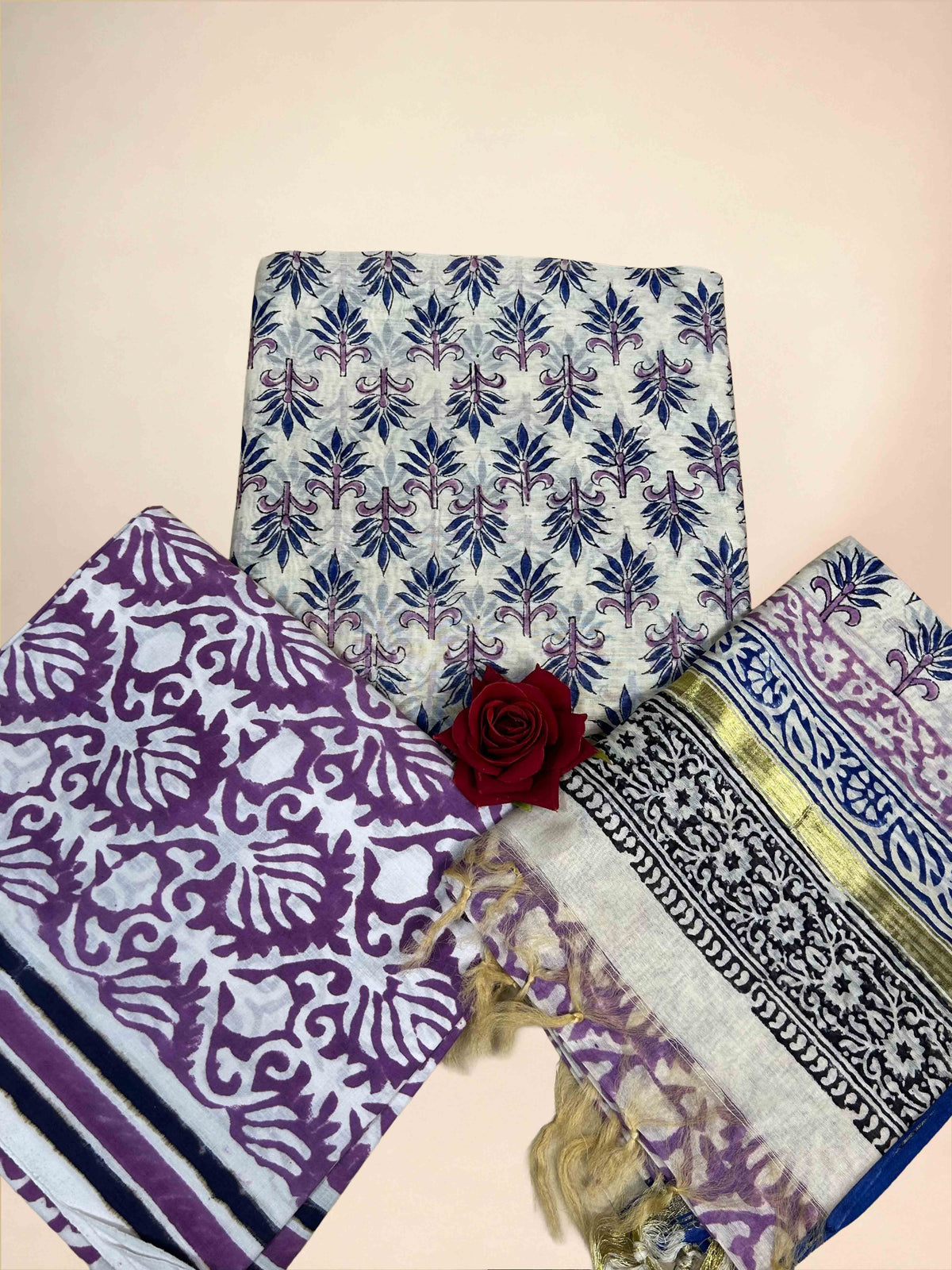Multicolor Chanderi Handblock Printed Suit Set | Lavender