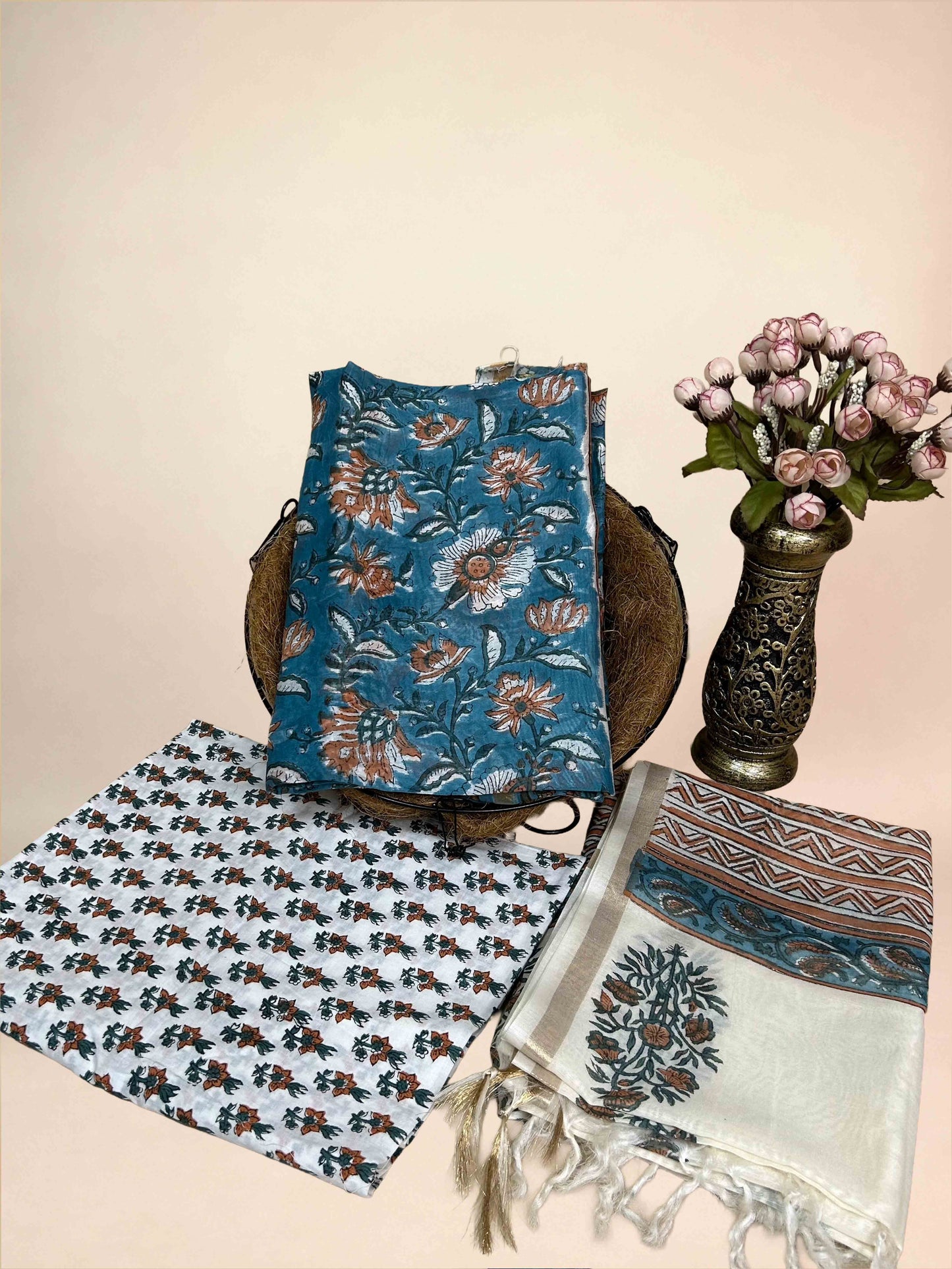Teal Blue Chanderi Handblock Printed Suit Set