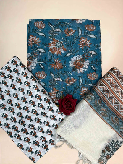 Teal Blue Chanderi Handblock Printed Suit Set