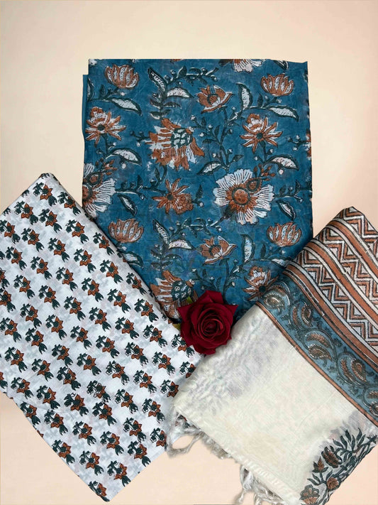 Teal Blue Chanderi Handblock Printed Suit Set