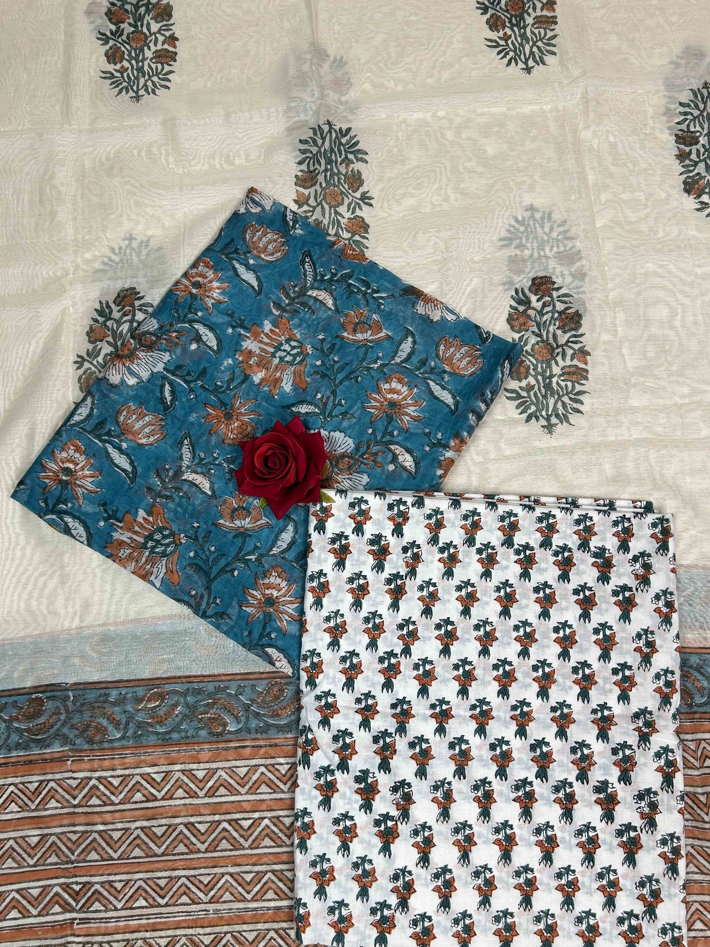 Teal Blue Chanderi Handblock Printed Suit Set