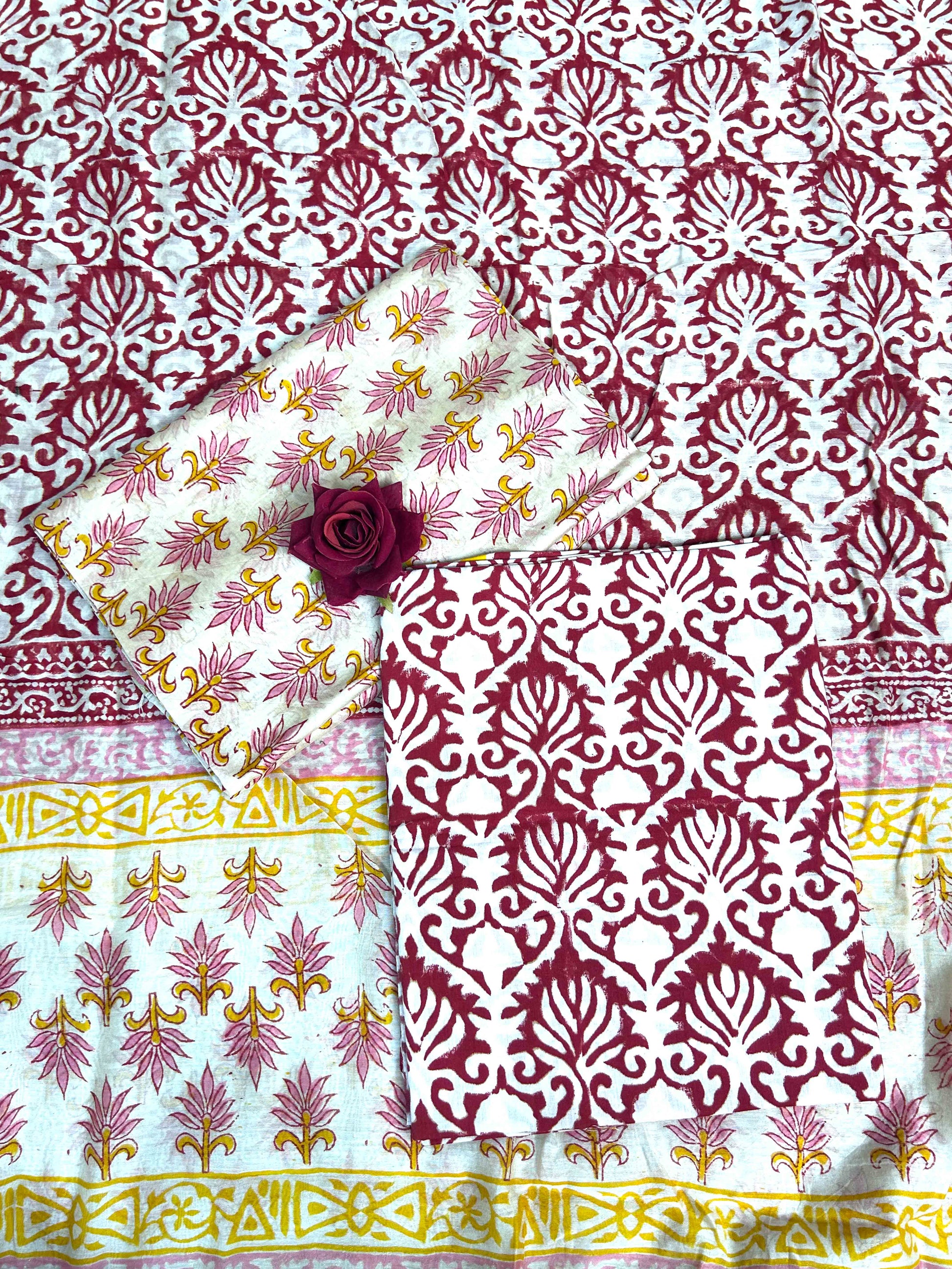 Multicolor Chanderi Handblock Printed Suit Set | Rani Pink