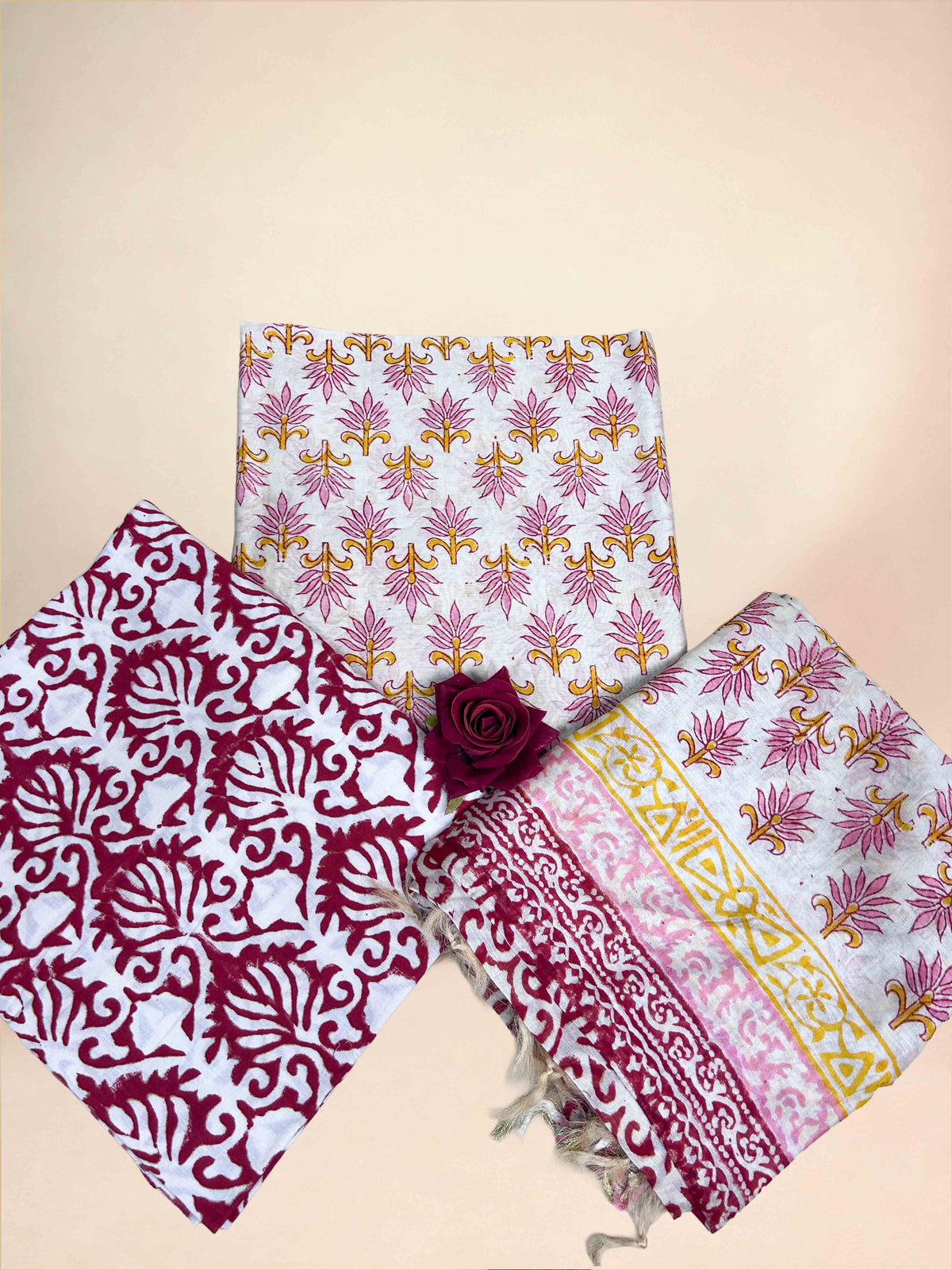 Multicolor Chanderi Handblock Printed Suit Set | Rani Pink
