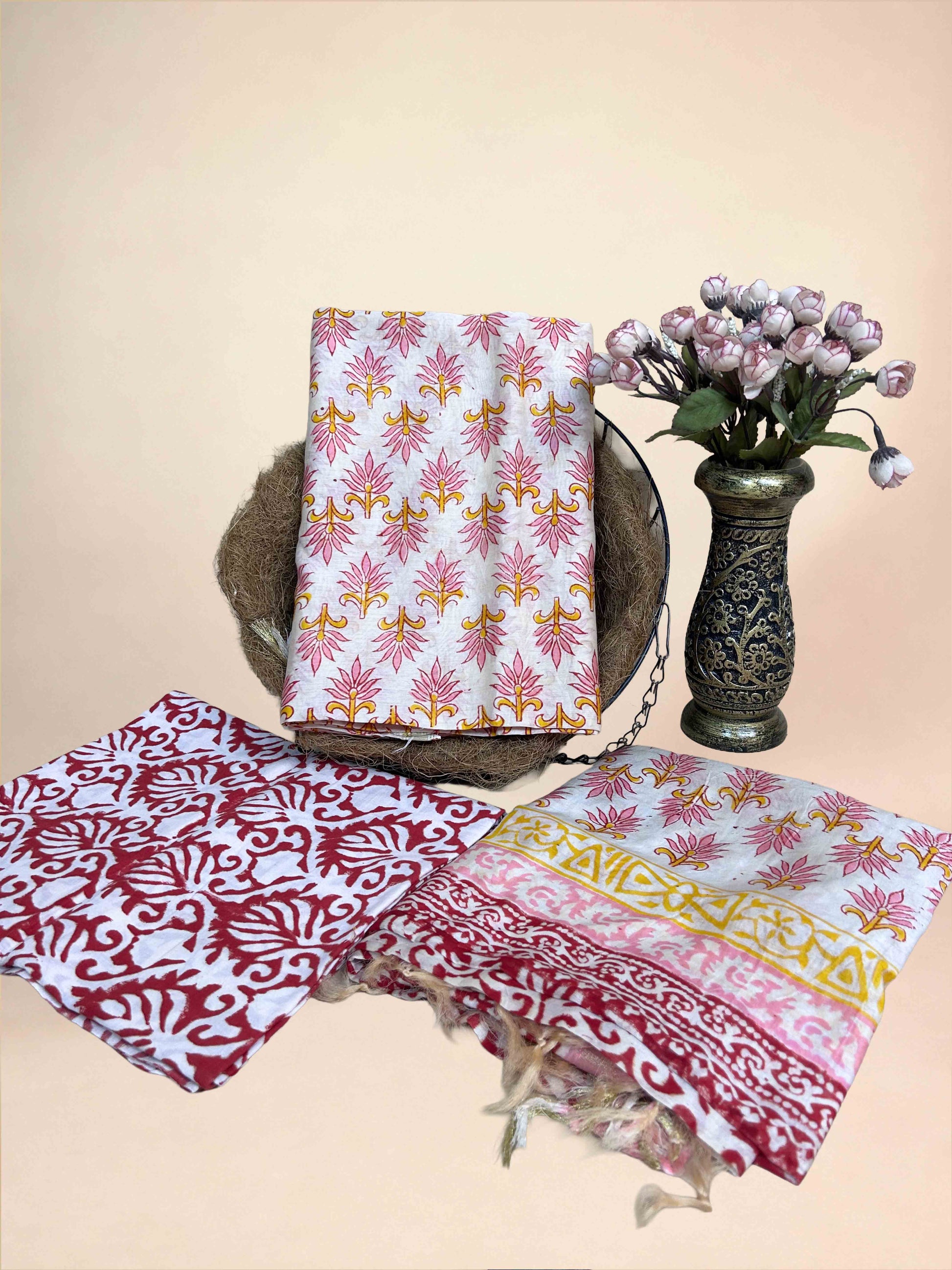 Multicolor Chanderi Handblock Printed Suit Set | Rani Pink