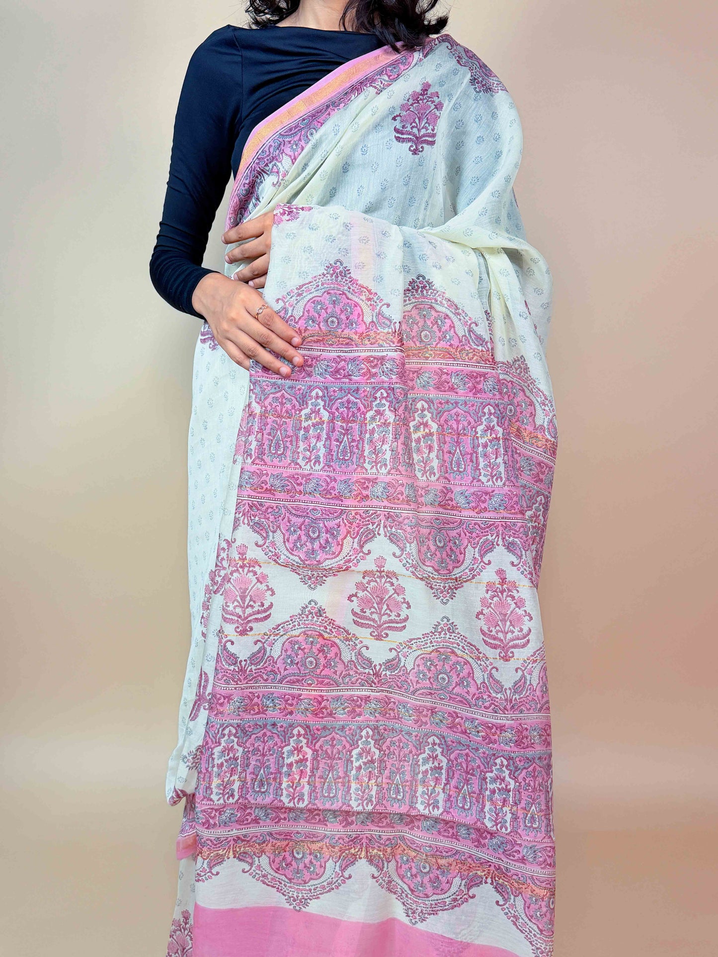 Anokhi Chanderi Handblock Printed Silk Saree