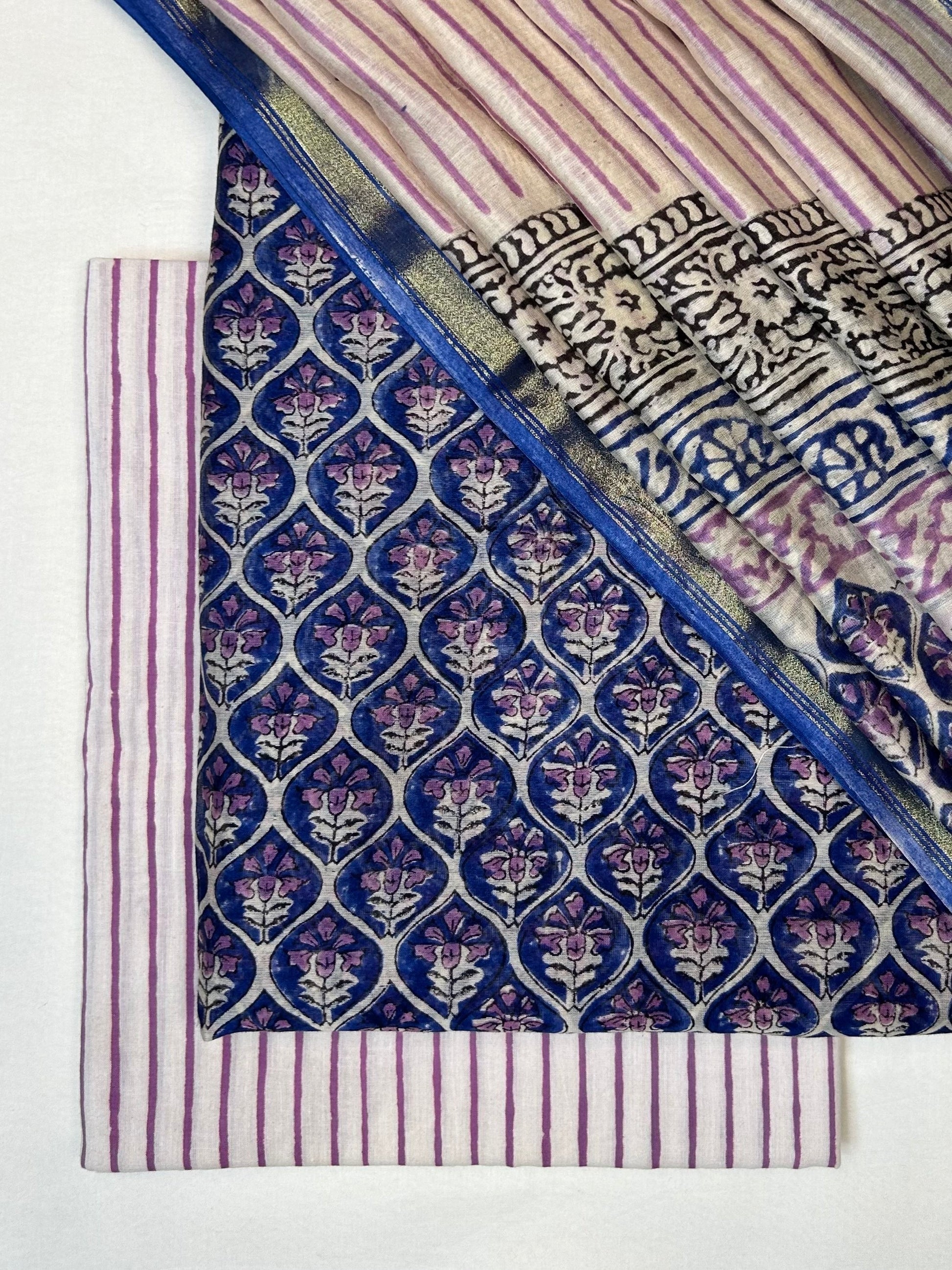 Chanderi Handblock Printed Suit Set in Light Green Floral Block Print Cotton Fabric