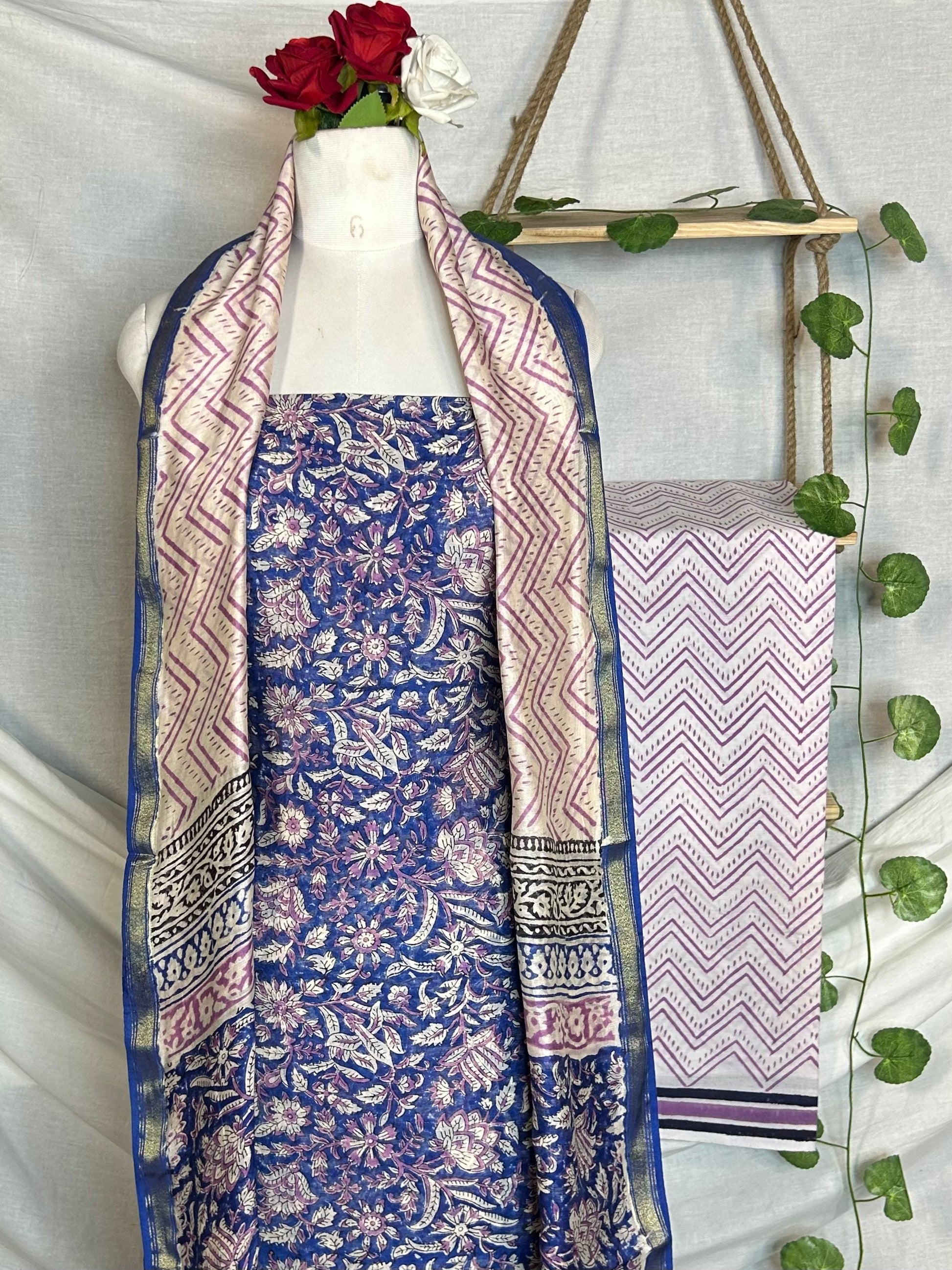 Chanderi Handblock Printed Suit Set in Olive Green Ethnic Block Print Design