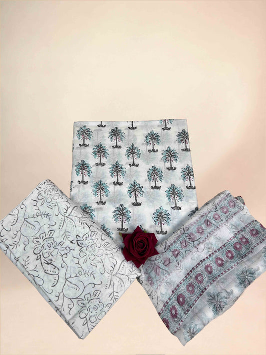 White Chiffon Handblock Printed Cotton Suit Set