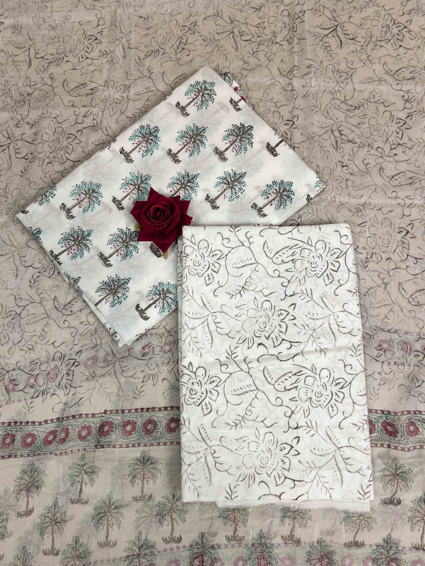White Chiffon Handblock Printed Cotton Suit Set