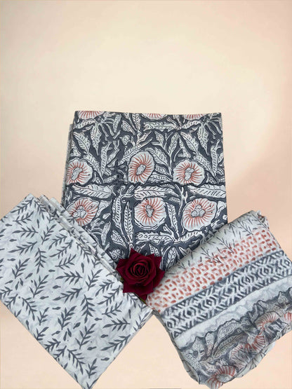 Slate Grey Chiffon Handblock Printed Cotton Suit Set