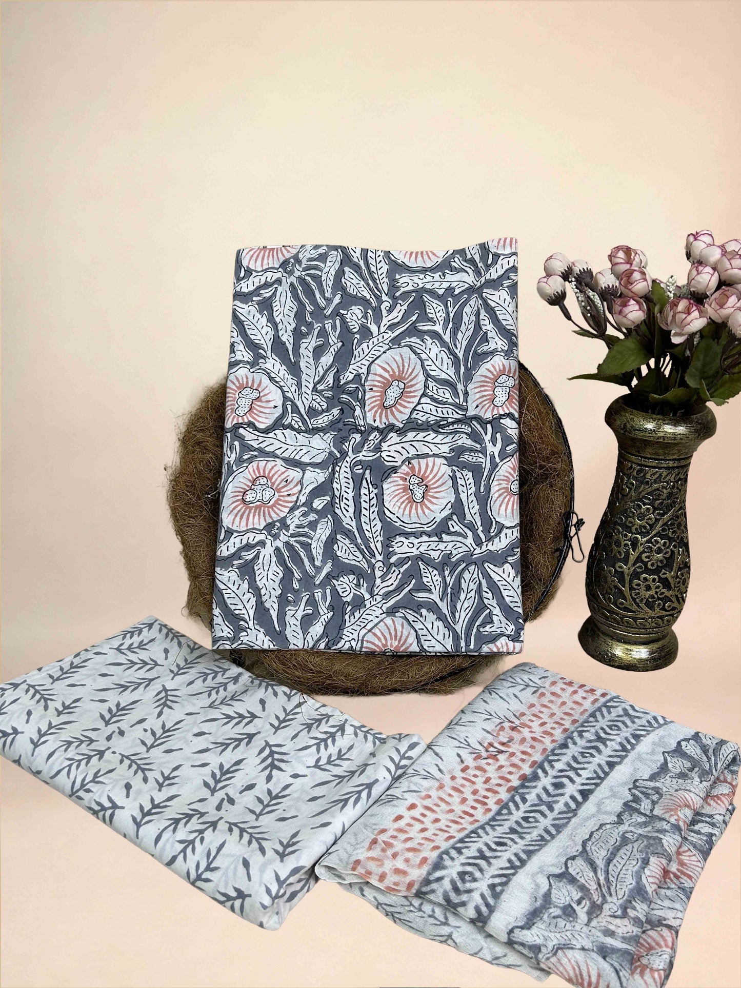Slate Grey Chiffon Handblock Printed Cotton Suit Set