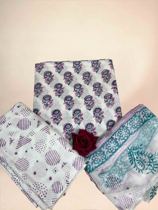 Ivory Chiffon Handblock Printed Cotton Suit Set
