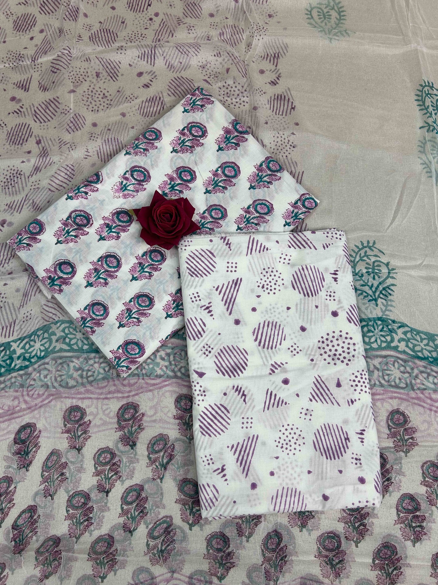Ivory Chiffon Handblock Printed Cotton Suit Set