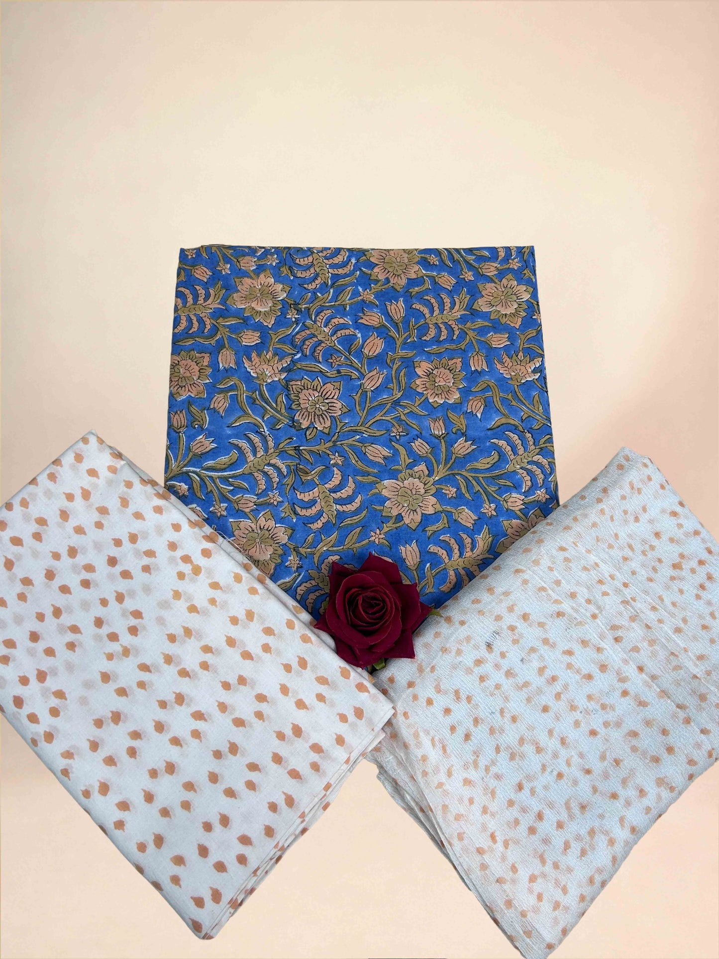 Deep Blue Chiffon Handblock Printed Cotton Suit Set