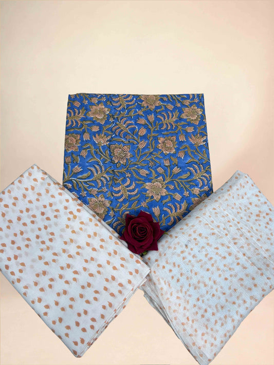 Deep Blue Chiffon Handblock Printed Cotton Suit Set