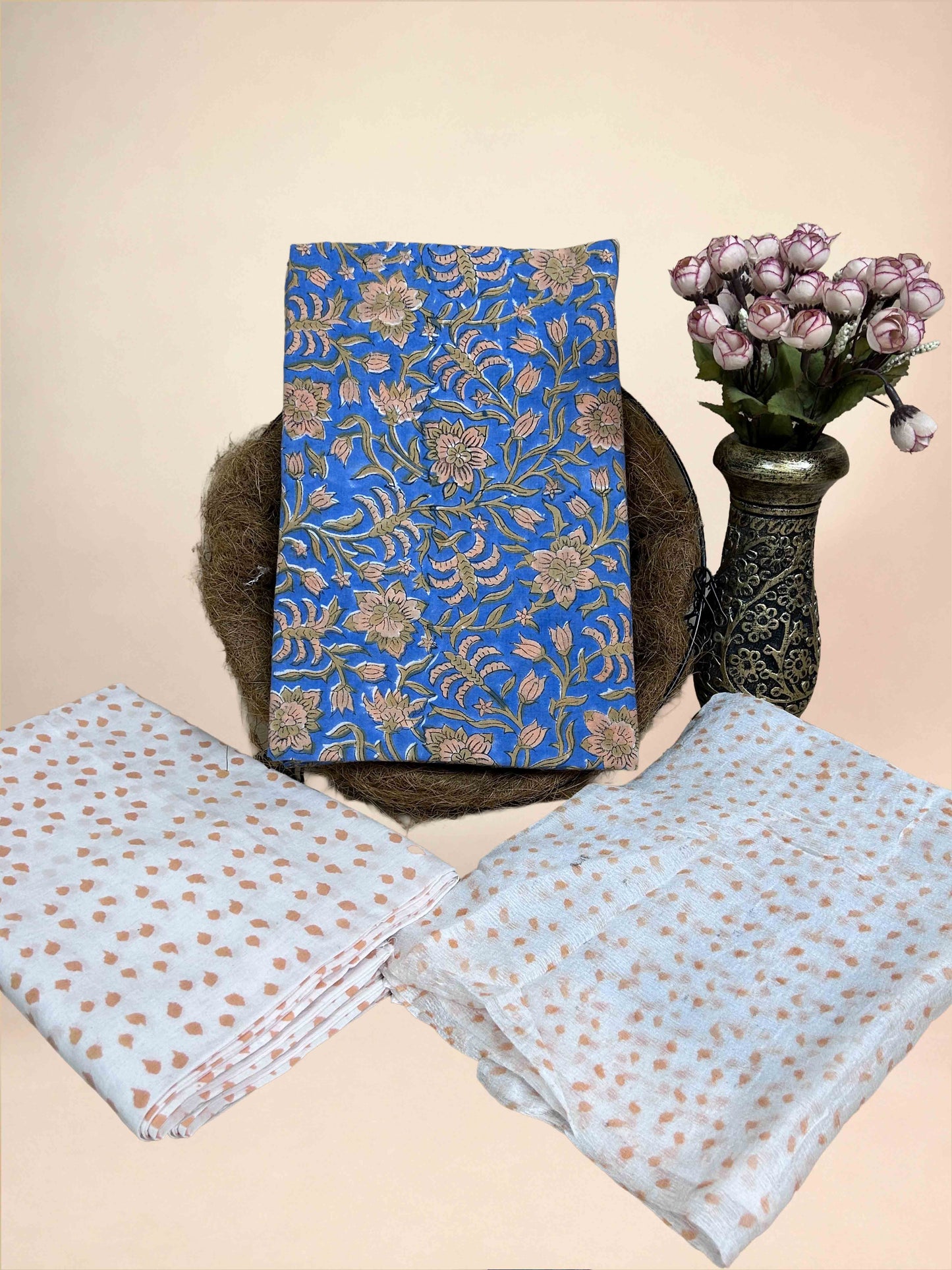 Deep Blue Chiffon Handblock Printed Cotton Suit Set