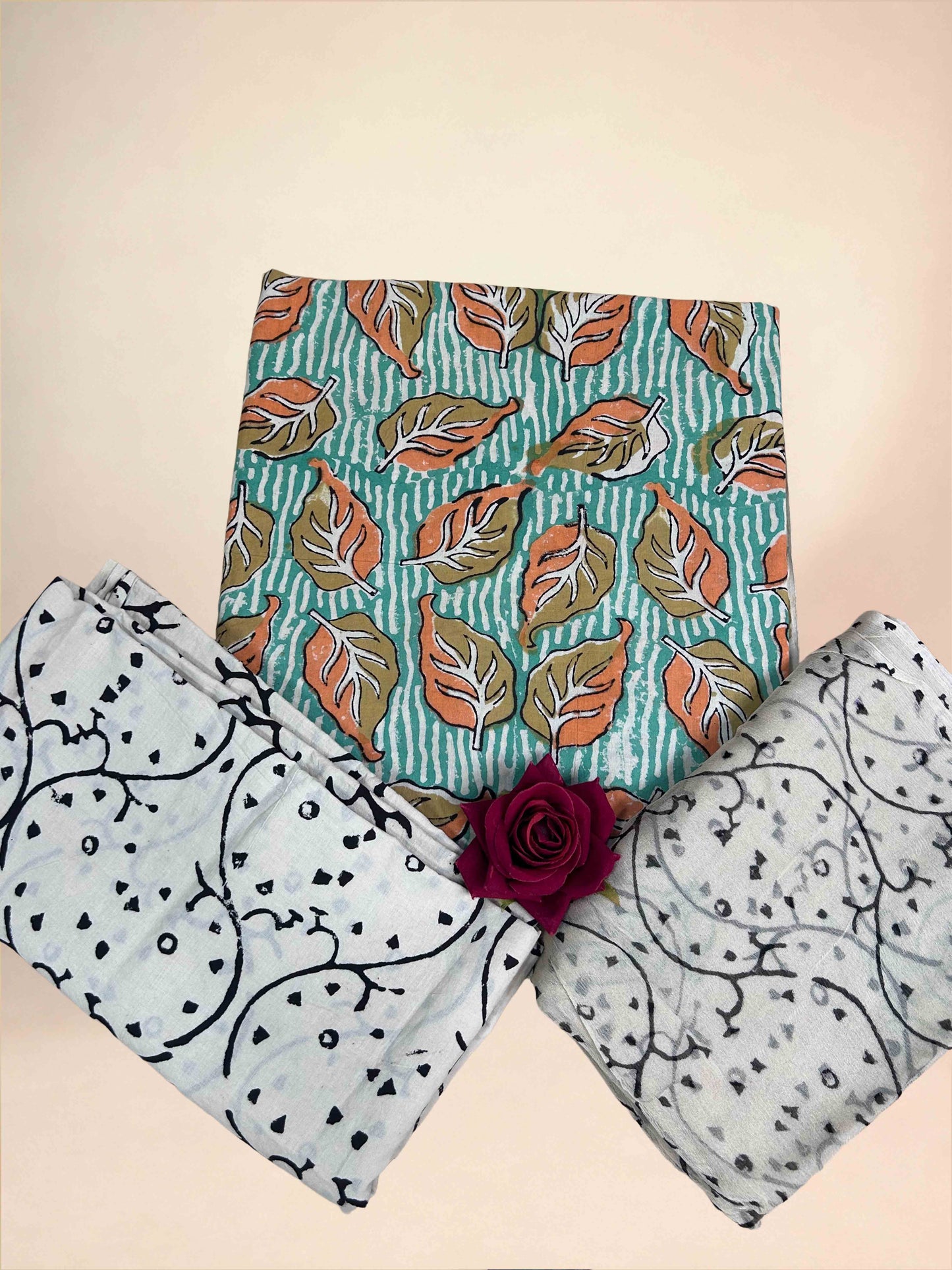 Muted Turquoise Chiffon Handblock Printed Cotton Suit Set