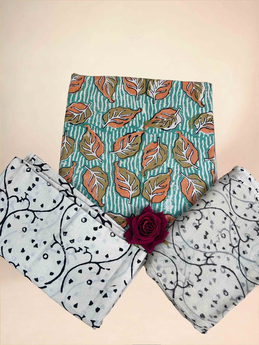Muted Turquoise Chiffon Handblock Printed Cotton Suit Set