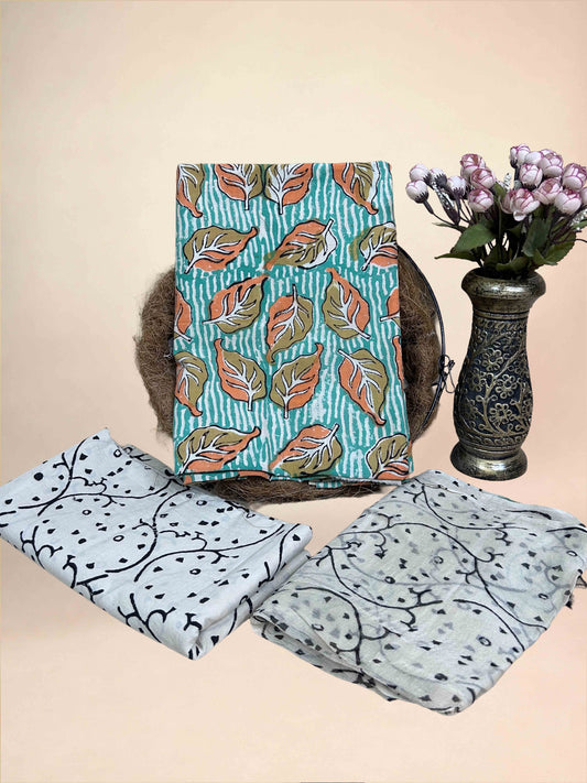 Muted Turquoise Chiffon Handblock Printed Cotton Suit Set