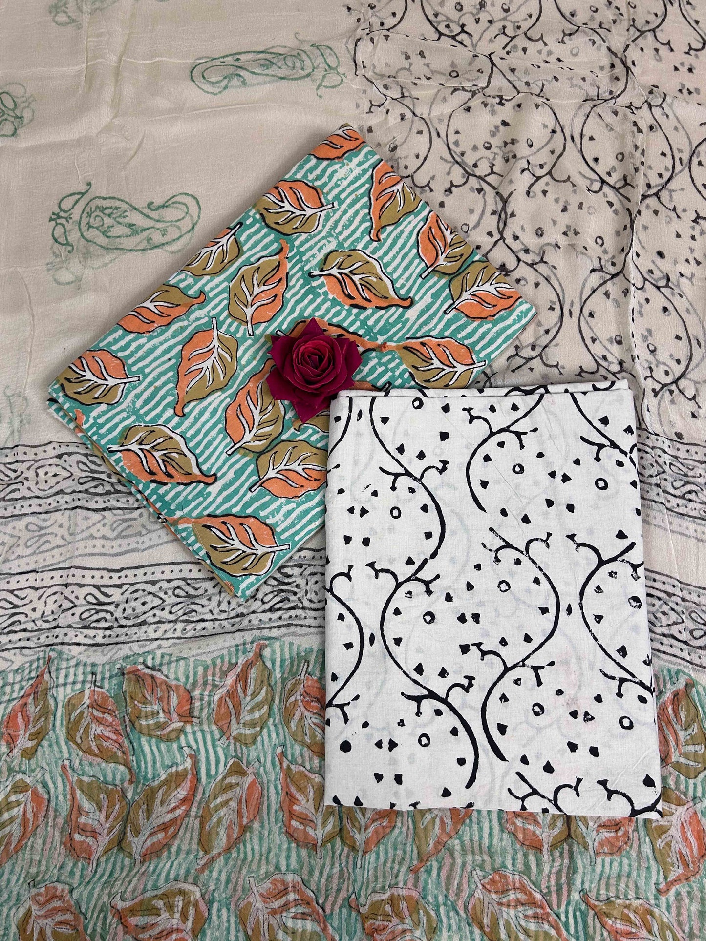 Muted Turquoise Chiffon Handblock Printed Cotton Suit Set
