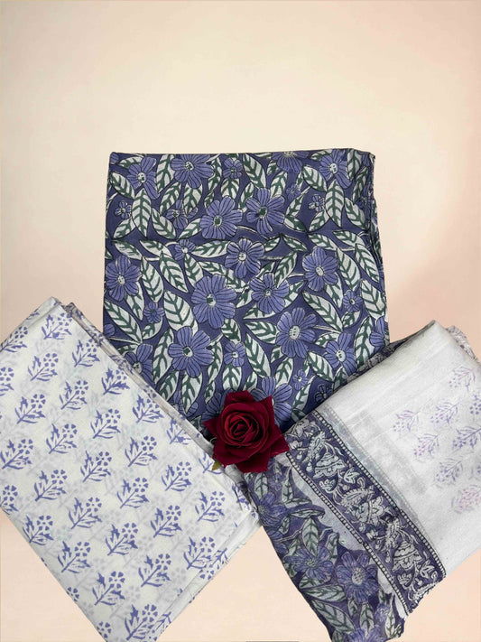 Dusty Lavender Chiffon Handblock Printed Cotton Suit Set