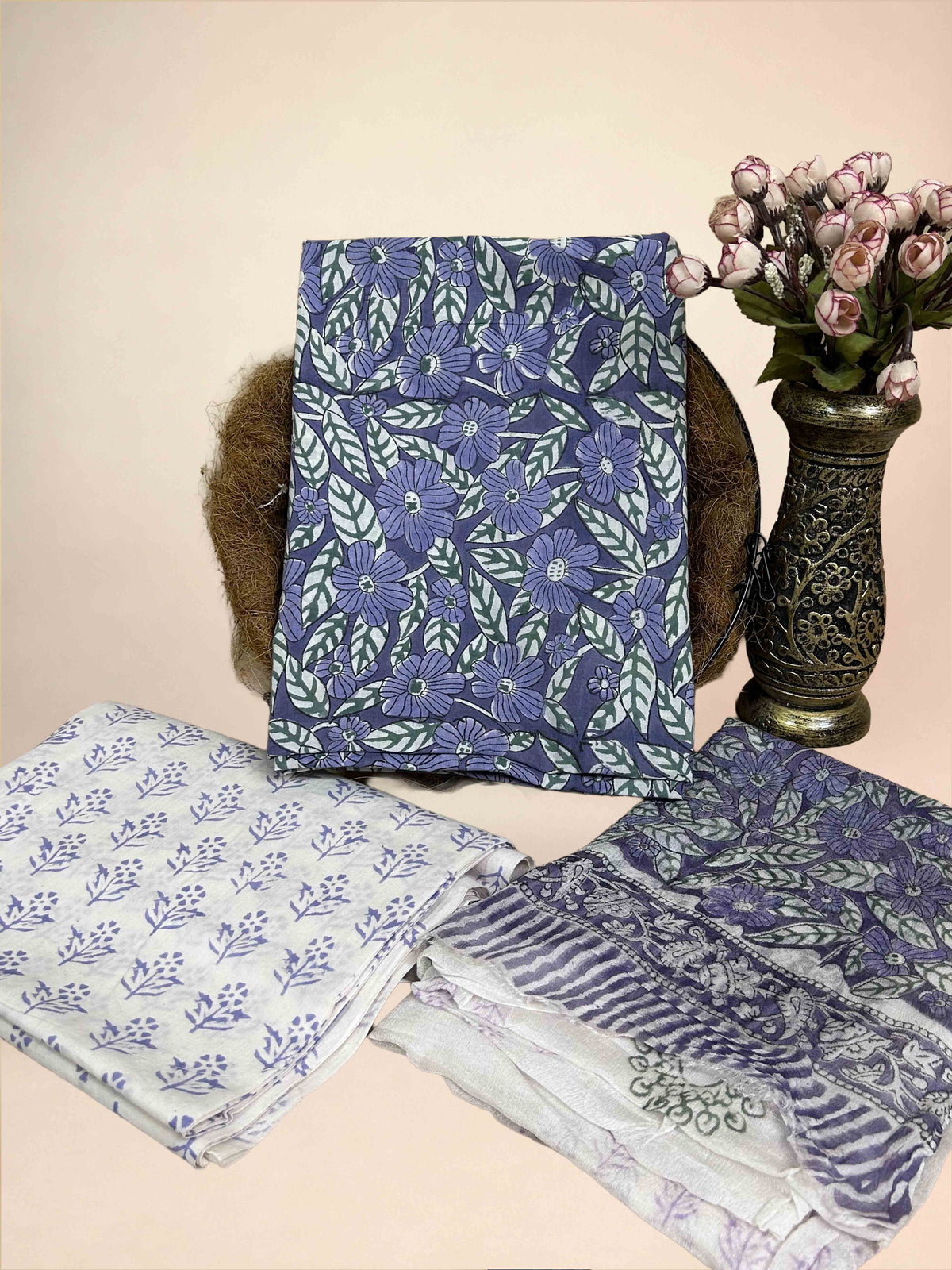 Dusty Lavender Chiffon Handblock Printed Cotton Suit Set