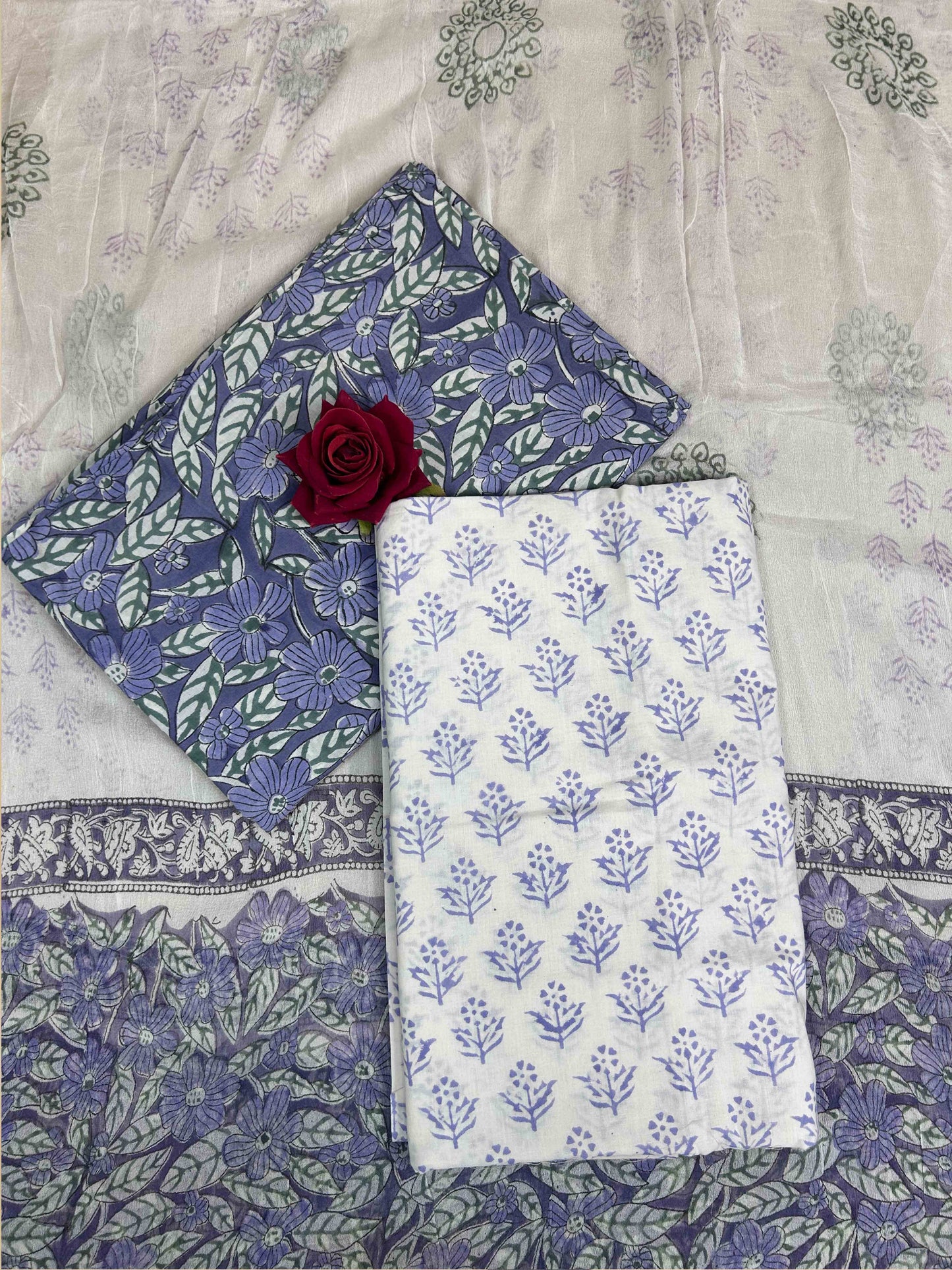 Dusty Lavender Chiffon Handblock Printed Cotton Suit Set