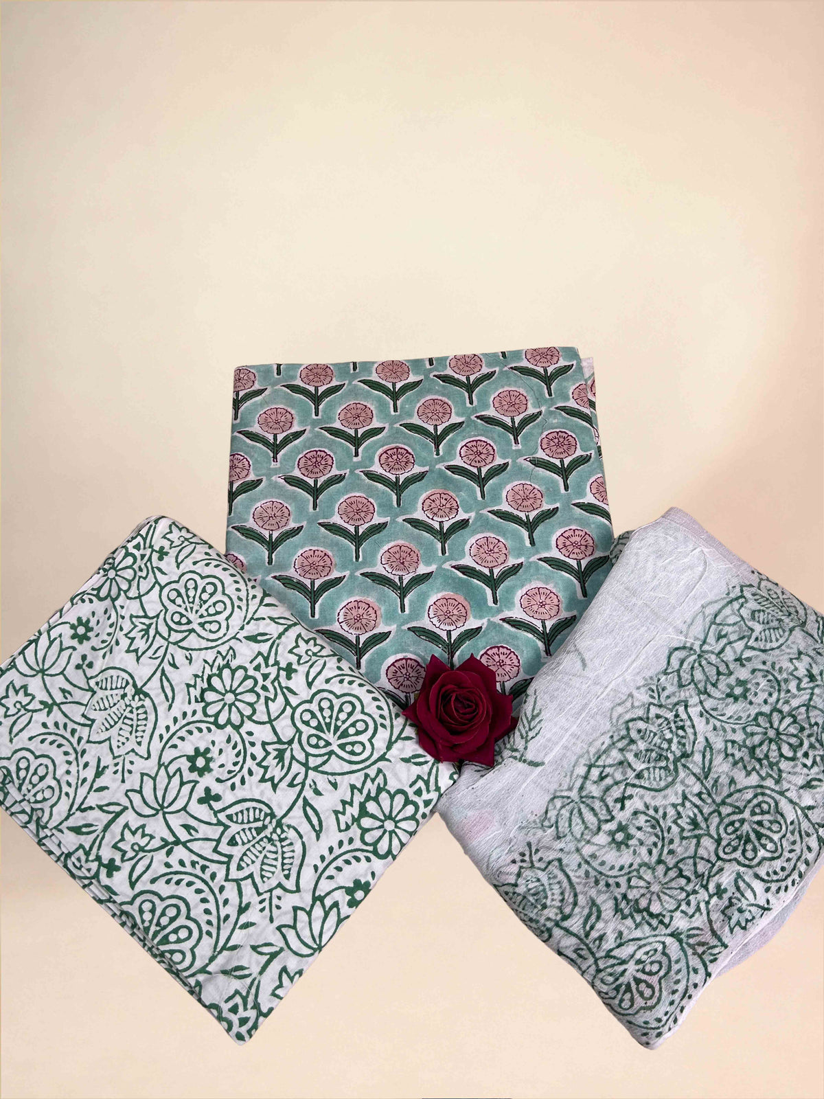Mated teal Chiffon Handblock Printed Cotton Suit Set