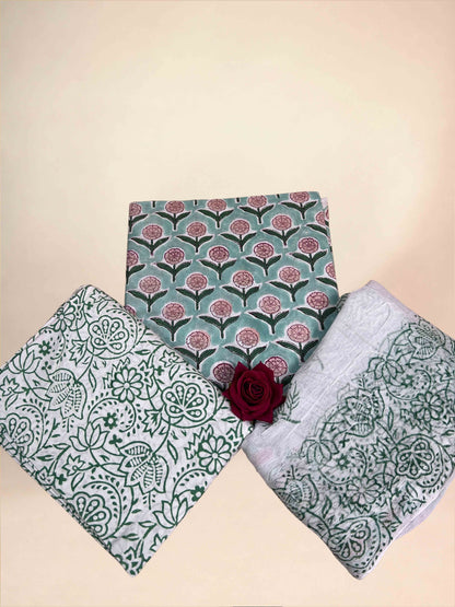 Mated teal Chiffon Handblock Printed Cotton Suit Set