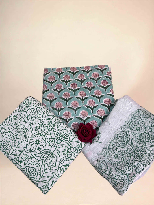 Mated teal Chiffon Handblock Printed Cotton Suit Set