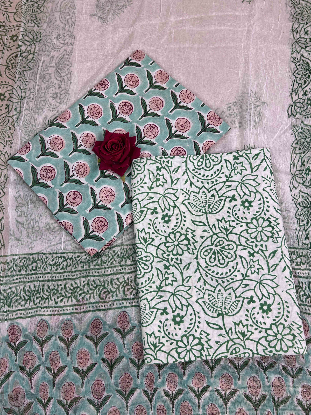 Mated teal Chiffon Handblock Printed Cotton Suit Set