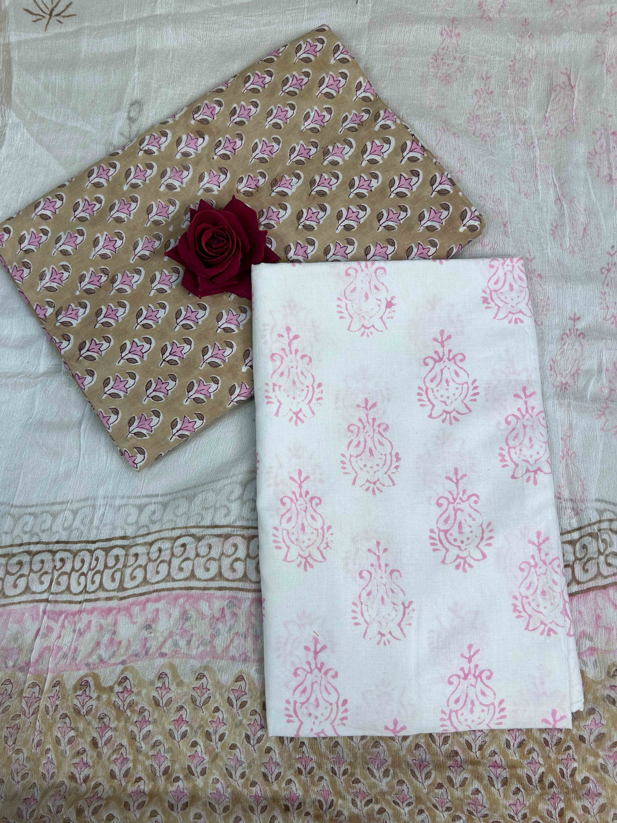 Khaki Brown Chiffon Handblock Printed Suit Set