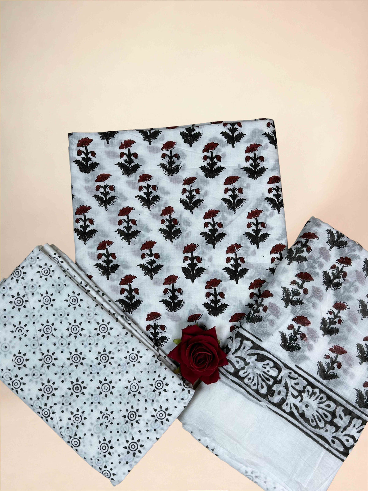 White Cotton Dupatta Three- Piece Suits