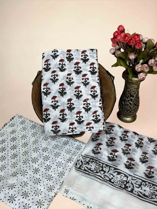White Cotton Dupatta Three- Piece Suits