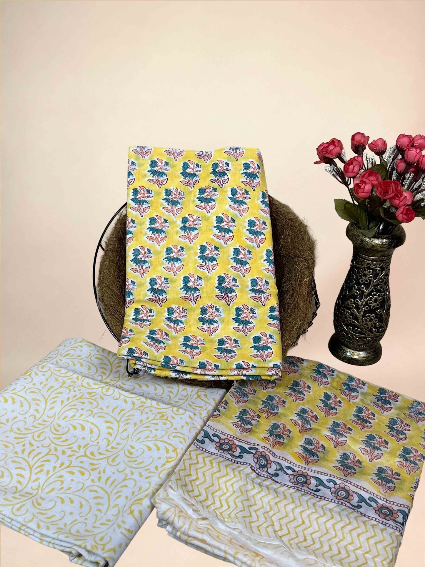Yellow Cotton Dupatta Three- Piece Suits