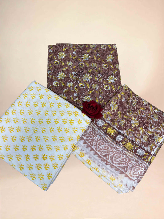 Brown Cotton Dupatta Three- Piece Suits