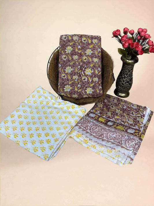 Brown Cotton Dupatta Three- Piece Suits