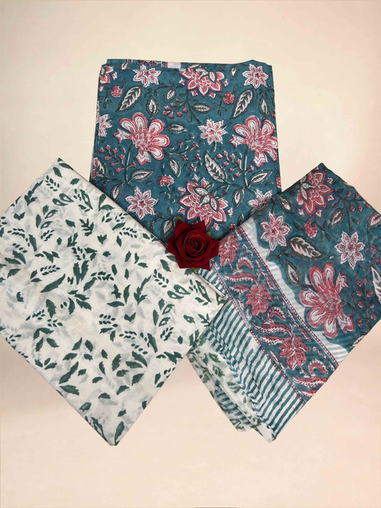 Teal Blue Cotton Dupatta Three- Piece Suits